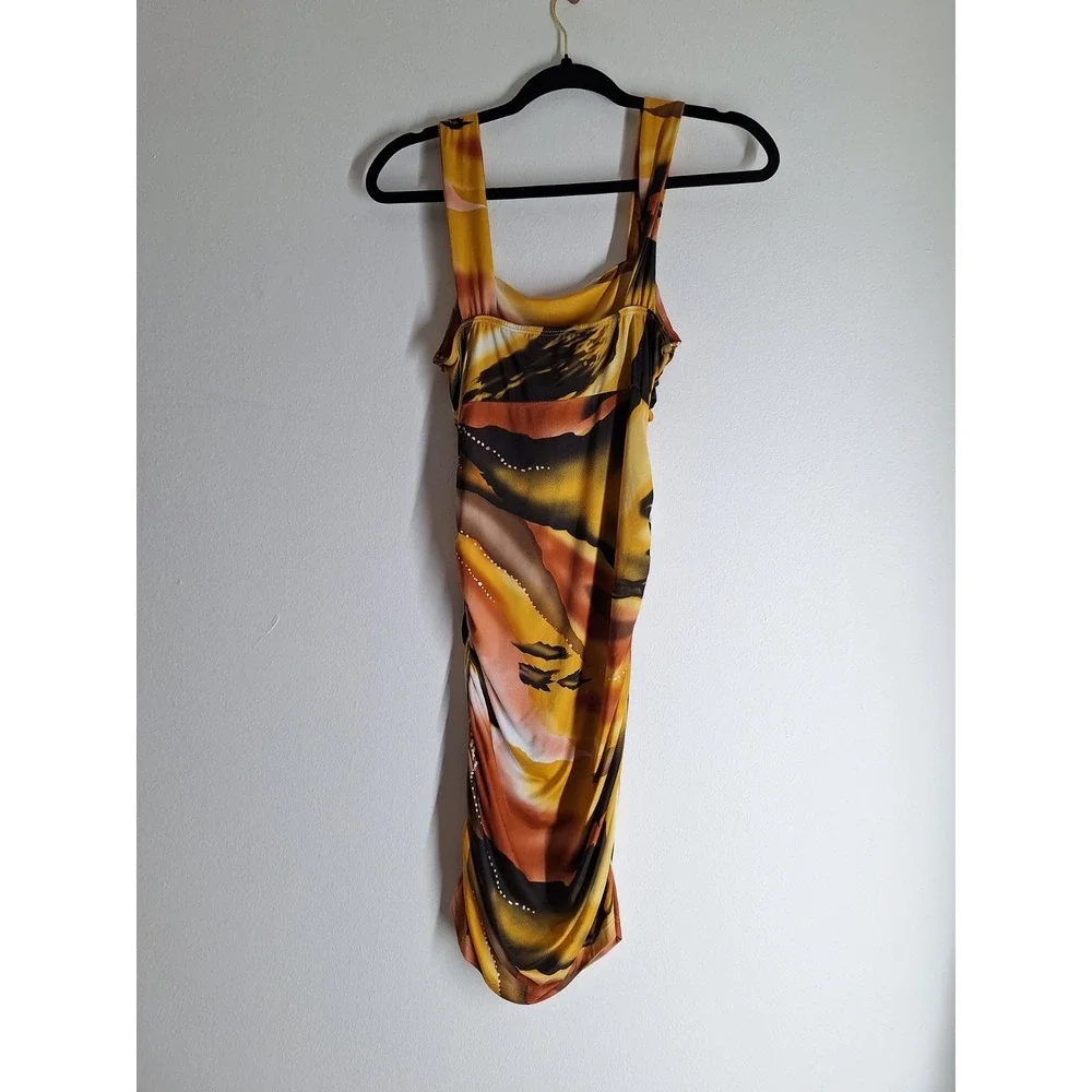 RARE Bananas Monkey Y2K Airbrush Abstract Dress – Sunset Orange & Black Size M‎